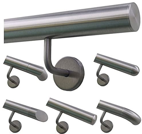 TIBU Handlauf Geländer Edelstahl Ø 42,4 mm - Länge 50 cm - Ende gerade Kappe und gewinkelte Halter - Rostfrei für Außen und Innen
