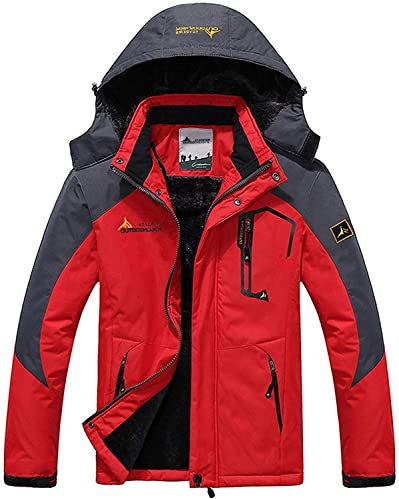 Memoryee Herren Ski Jacke Warmer Gefüttert Winter Fleece Mantel Wasserdichter mit Abnehmbarer Kapuze Outdoorjacke/Red/XL