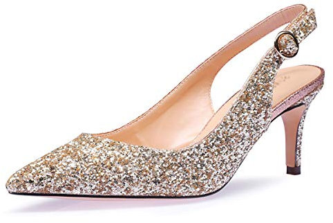 Castamere Scarpe col Tacco Donna Gattino Cinturino Regolabile Tacco a Spillo Sandali 6.5CM Oro Bling Scarpe EU 42