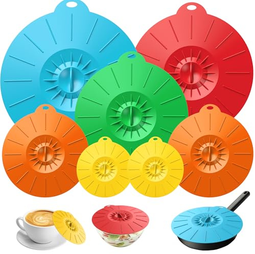 7 Pack Silicone Lids Microwave Splatter Cover, 5 Sizes Reusable Heat Resistant Suction Lids for Bowls Plates Pots Pans Oven Fridge, BPA Free, Ideal Mother's Gift