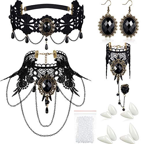 Hicarer 8 Stück Halloween Vampir Zähne Reißzähne Halsband Ohrringe Armbänder Gotisch Kostüm Schmuck für Viktorianische Vampir Halloween Party, Zombie Cosplay Party Zubehör