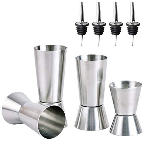Vaso Medidor Cocktail Double,Jicyor 4pcs Acero Inoxidable Drink Coctelera Jigger + 4pcs Bebidas Alcoholicas Vertedores Boquilla Cónica para Bar Fiesta Vino Cóctel Bebida