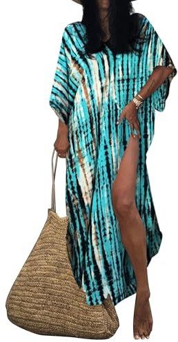 Bsubseach Femme Robe de Plage Tunique Plage Caftan Grande Taille Demi Manches Kaftan Bohème Maxi Longue Bleu Imprimé