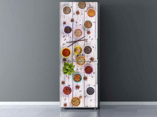 Vinilo para Frigorífico Especias Fondo Madera Gris 70x185cm | Adhesivo Resistente y Económico | Pegatina Adhesiva Decorativa de Diseño Elegante