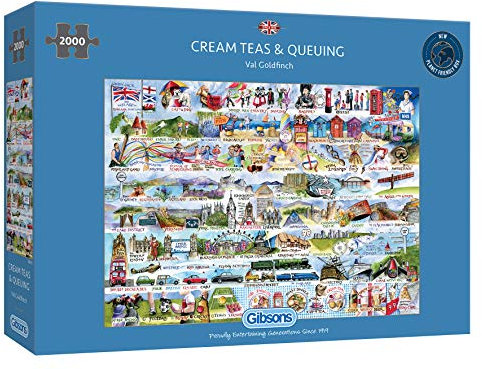 Cream Teas Age 8+ & Queuing | 2000 Piece Jigsaw | British Nostalgia | Val Goldfinch | Sustainable Jigsaw Puzzle for Adults | Premium 100% Recycled Board | Great Gift for Adults | Gibsons Games