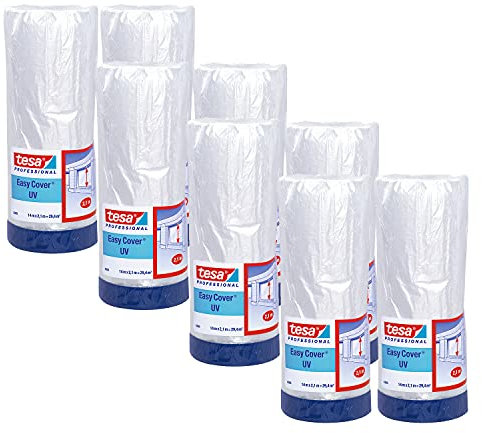 tesa Easy Cover 4369 UV - 8er Pack - Malerfolie mit Gewebeband zum Abkleben und Abdecken im Außenbereich - 2-in-1 Abklebeband mit Folie - blau, matt - je 14 m x 2,1 m