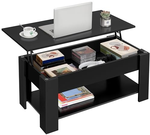 Yaheetech Wooden Coffee Table, Lift Top Coffee Table with Large Hidden Storage Shelf, Lift Tabletop Dining Tables for Living Room, Home Small Space, 38.6in, Black