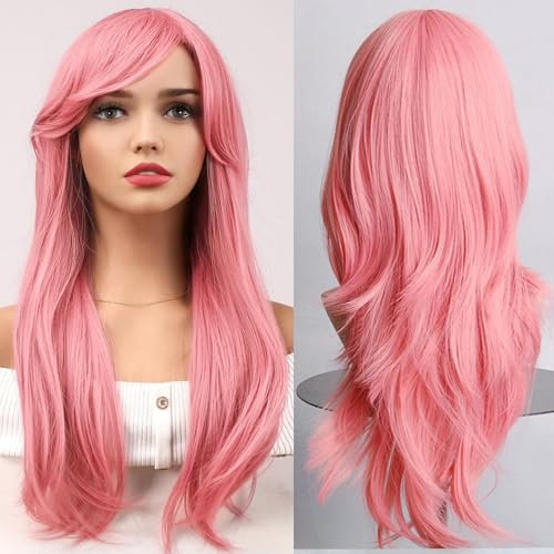 Colorfulpanda Rosa Perücke mit Pony Natürliches Synthetisches Haar Lange Gewellt Lockige Perücken für Frauen Mädchen Halloween Party kostüm Cosplay Tragen 28 Zoll/70 cm,perucke damen pink