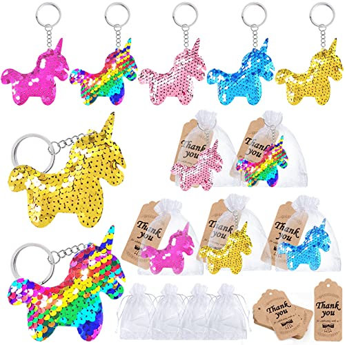 CiciBear Einhorn-Pailletten-Schlüsselanhänger-Set mit 20 Schlüsselanhängern, 20 Dankeschön-Etiketten und 20 Geschenktüten für Kinder und Erwachsene, Geburtstagsgeschenk, Babyparty und Hochzeit, Gold,