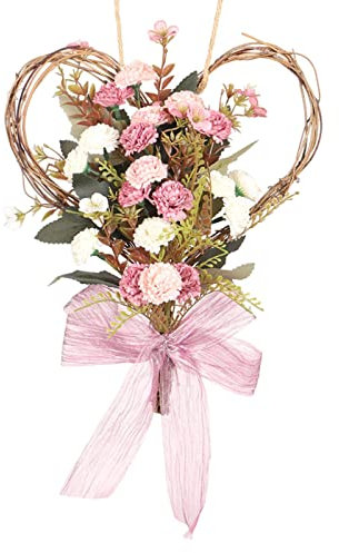 balikha Heart-Shaped Carnation Flower Wreath Garland Door Hanging Ornament, Leaves Door Wreath for Thanksgiving Decoration Indoor Outdoor Home Gifts - Pink