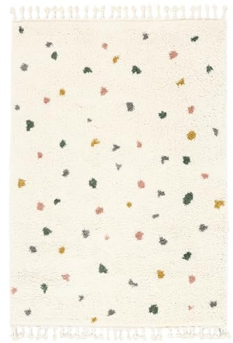 RugVista, Confetti, Kinderzimmer Teppich, 100 x 160 cm, Kinderteppich für Kinder, Spielteppich für Babys, Shaggy handwebstuhl, Maschinell hergestellt, Hochflor, Keine schädlichen Stoffe, Off-Weiß