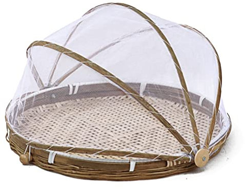 Round Bamboo Serving Food Tent Basket with Lid, Covered Vegetable Fruits Food Meals Basket Tray,Hand Woven Round Food Basket with Mesh Cover