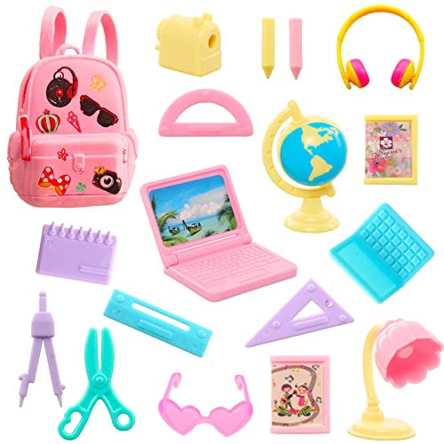 Carreuty 19Pcs Doll Study Accessories 11.5 inch Dolls, Study Set Including Laptop Ruler Pencils, Fashion Hipster Doll Paradise Accessories for Girls Birthday Gifts