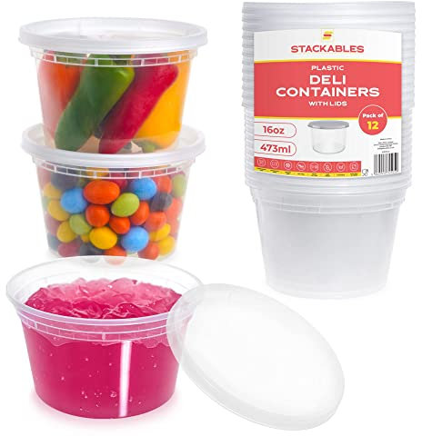 STACKABLES ~ Pack of 12 Round Plastic Food Storage Soup Container Set (16oz - 473ml) ~ Plastic Deli Containers With Lids ~ Reusable Takeaway Meal Tubs Dishwasher & Microwave Safe.