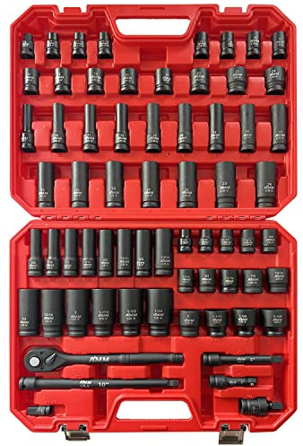 AMM 1/2 Drive Master Impact Socket Set, 66-Piece Standard SAE (3/8-1-1/4) & Metric (8mm, 10-24mm) Sizes, Deep & Shallow Kit, Includes Ratchet Handle, Adapters, Universal Joint and Extension Bars