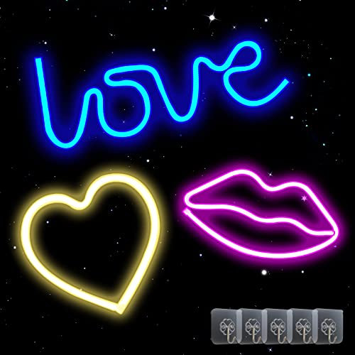 Neon lights Sign, 3 Pcs Love heart Lip Led Neon Sign Powered by Battery or USB, Wall Hanging Decor Led Light Decorations Art Neon Signs for Bedroom, Game, Bar, Party, Kids bedroom gift
