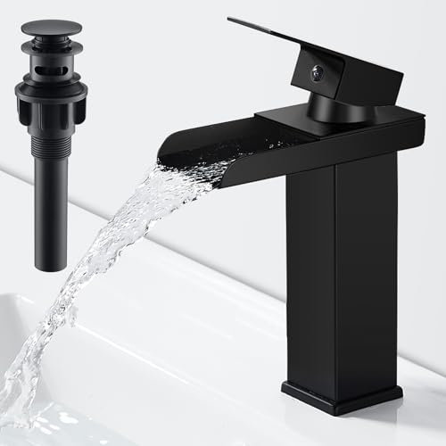 AIMOYO Waterfall Bathroom Sink Tap Black Basin Mixer Tap Single Lever Brass Mono Cloakroom Mixer Taps with Pop Up Drain, Cold and Hot Water Available
