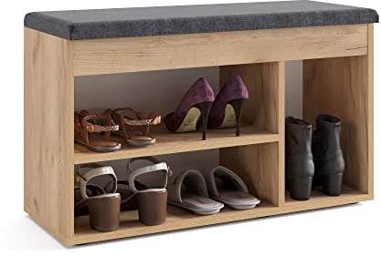 KOMTO Schuhbank mit Sitzfläche - Schuhregal Bank mit Stauraum Honig Eiche 80 x 48 x 32 cm Schuhschrank mit Sitzbank Flur Bank Garderobenbank Sofia