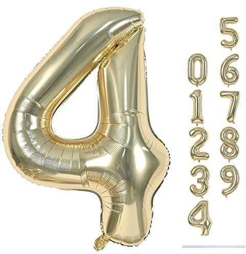 Champagne Gold Foil Balloon Number 4, 40'' Giant Self Inflating Number Balloons Set 0-9, Large Light Gold Number 4 Helium Balloon for Girls Boys 4th Birthday Anniversary Party Decorations Supplies