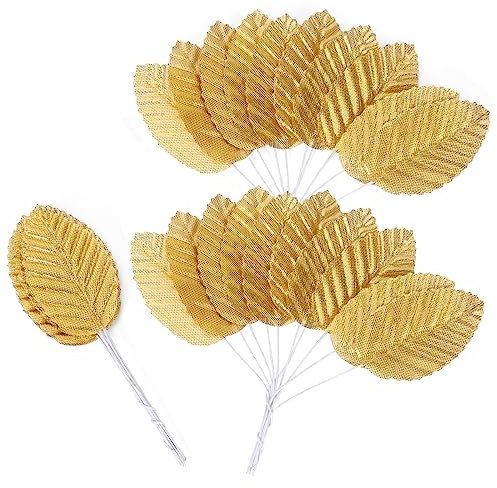 MWOOT 200 Stück Basteln Künstliche Blätter, Gefälschte Seidenblätter, Künstlich Einzeln Blatt, Kunstblätter für DIY Torte Kranz Blumenanordnung Hochzeit Party Dekoration(Gold)