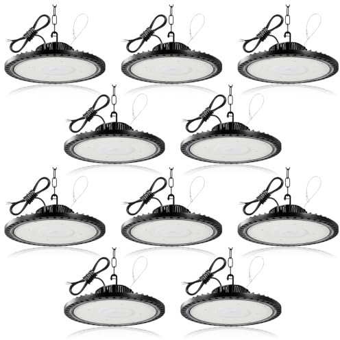 Viugreum 10Pack UFO LED 300W Hallenleuchte Strahler Werkstatt Deckenleuchte Werkstattleuchte Hallenstrahler Hallenbeleuchtung Werkstattbeleuchtung Kaltweiß 6500K with1.5mKabel/ Kette+Sicherungsseil