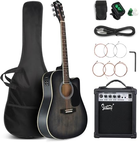 GLARRY Kit de guitarra eléctrica acústica de tamaño completo de 6 cuerdas con amplificador de 15 W, guitarra acústica eléctrica de 41 pulgadas con afinador integrado, bolsa, correa, púas, cuerdas,