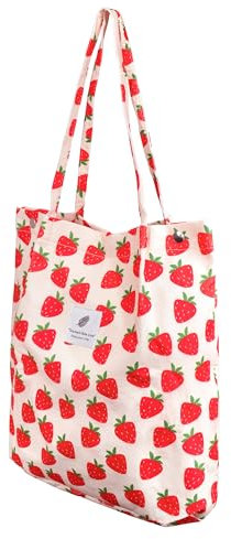 Damen Handtasche Kord Shopper Cord Tote Bag für Bücher Reisen Alltag Schule Arbeit Einkaufstasche für Mädchen Erdbeere