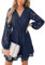 CUPSHE Mini vestido de boda elegante con cuello en V y mangas campesinas de encaje y cintura alta con forro A para mujer, Azul, M