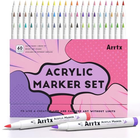 Arrtx Acrylic Paint Pens 60B Anime Colors, Artists Adults Brush Tip Paint Acrylic Markers for Rock Painting, Glass, Stone, Wood, Ceramic Fabric