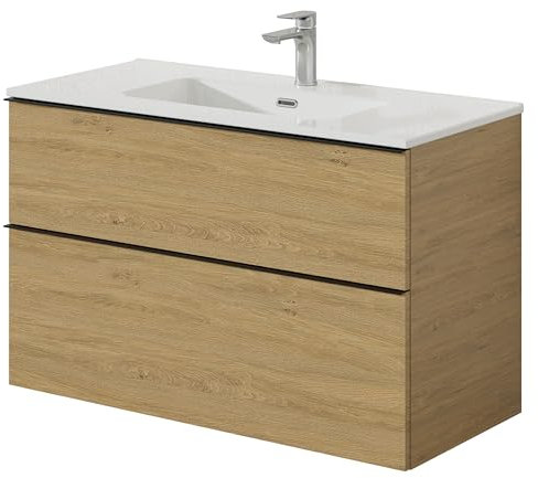 Bernstein Badmöbel-Set Lavoa 100 cm bestehend aus Waschbecken und Unterschrank mit 2 Schubladen, Waschbeckenunterschrank in Eiche, Griffe in Schwarz - 5 Jahre Garantie - Waschtisch in Weiß glänzend