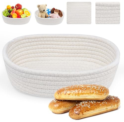 Kleemeiero Corbeille à Pain Tressée Panier de Rangement Ovale Panier à Pain Panier Tissé en Corde de Coton Petit Panier Rangement Corbeille de Fruits Pain Blanc Cassé pour Cuisine, Salle à Manger