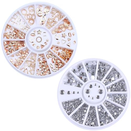 2 Boxes 3D Nail Art Decorations Nails Art Mini Steel Ball Disc Resin Drill Nail Beads Nails Beauty Decorations Accessory Tool for Nail Decoration (Gold, Silver)