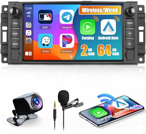 [2+64G] Android 13 Autoradio Carplay für Jeep Wrangler Dodge Ram Challenger mit 7 Zoll Bildschirm Touch Display Autoradio mit Navi GPS Android Auto BT FM RDS WiFi USB Mirror Link Rückfahrkamera