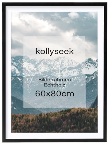 kollyseek Bilderrahmen 60x80cm Schwarz Echtholz mit Passepartout Pine Holz Rahmen mit Bruchsicherem Acrylglas Kieferholz Fotorahmen schwarz bilderrahmen picture frame