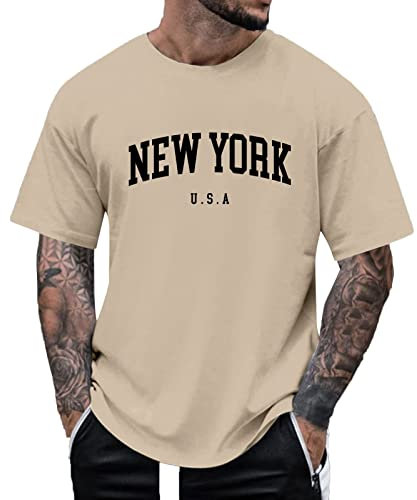 Oversized - Maglietta da uomo a maniche corte, con scritta Palm Angel Letters Summer Tops | Shirts with Creative Letters Long Tee Vintage Basic Plus Size | T Shirts Streetwear, cachi, M