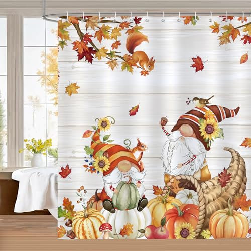 Bonhause Tenda Doccia Autunno Zucca Gnomo Foglie d'acero Thanksgiving Tende per Doccia in Poliestere Impermeabile Antimuffa Lavabile Tende Bagno 180 x 180 cm con 12 Ganci