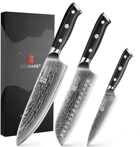 KEEMAKE Damascus Knife Set 3pcs - Kitchen Knife Sets with Japanese Damascus Steel Knives Set, Professional Chef Knives Sets with G10 Handle