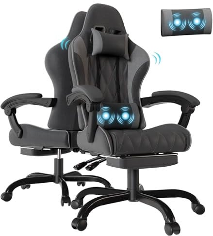 Flamaker Fabric Gaming Chair with Massage, Ergonomic Computer Chairs with Footrest, High Back Support Lumbar Support Heavy Duty Racing PC Chairs for Adults, Black, Dark Grey