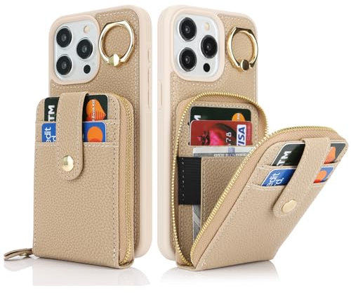 SailorTech iPhone 14 Pro Max Case with Ring Stand and Credit Card Holder - Leather Wallet Case with Zipper and Slots - Beige