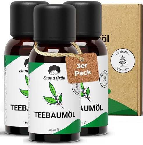 Emma Grün® Teebaumöl Ätherisches Öl 3x 30ml [100% NATURREIN] - Teebaum Diffuser Öl für Raumduft, Aroma Diffuser & Duftlampe - DIY Duftöl als Massageöl, Kerzen Duftöl & Seifenherstellung - Tea Tree Oil