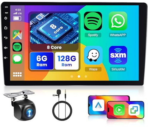Hodozzy 6G+128GB Android 8-Core Double Din Car Stereo 9 Inch Wireless Carplay and Android Auto, IPS Touchscreen Car Radio with GPS Navigation, Bluetooth, DSP Wifi, USB, FM RDS, SWC+Reversing Camera