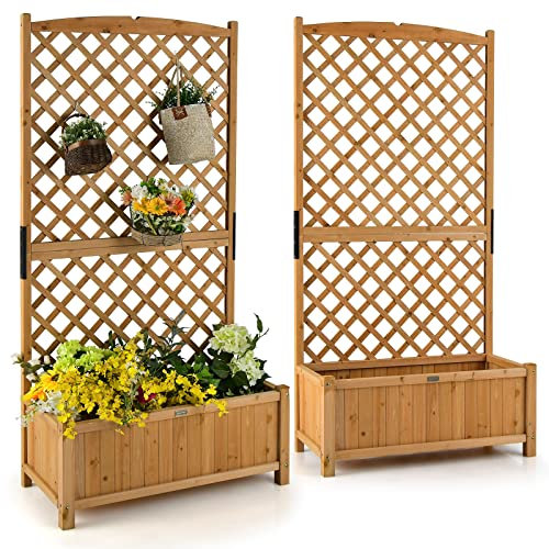 FANTASK Spalier mit Rankgitter & Drainageloch, Pflanzkasten mit Blumenkasten aus Tannenholz, Hochbeet Gartenspalier Rankkasten, Gelb