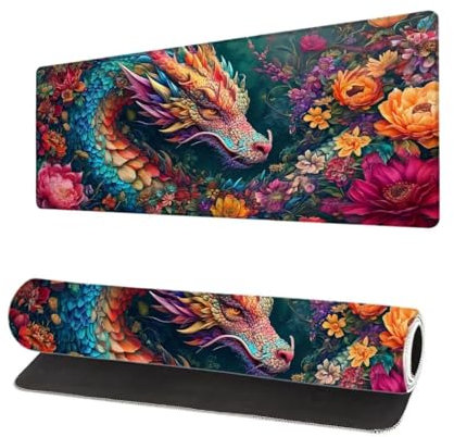 Grand Tapis de Souris XXL 900x400x3mm, Tapis de Souris Gamer Fleur avec Surface en Antidérapant Résistant à l'eau Tapis de Bureau Mouse Pad Dragon, sous Main Souris à Bords Cousus pour Bureau V-8