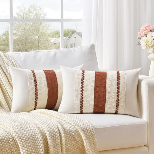 FDTERN 2er Set Boho Kissenbezug 30x50 Rostrot,Dekorative Leinen Kissenbezüge Kissenhülle Dekokissenbezug Sofakissen Dekokissen Deko für Sofa Schlafzimmer Wohnzimmer