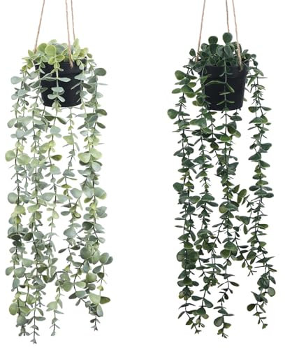 Olrla Lot de 2 Fausses Plantes suspendues avec Pot pour étagères, Bureaux, Chambre à Coucher, Salle de Bain, décoration extérieure (Eucalypse)
