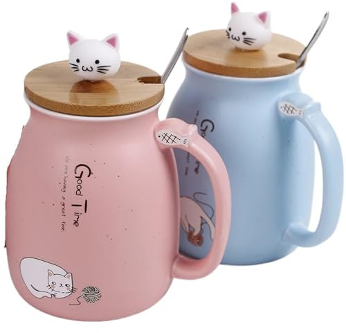 XUWEWI Tazze per Coppie Tazza da caffè Gattino 2 Pezzi con Coperchio e Cucchiaio, Tazza da caffè in Ceramica, Carina for la Famiglia per Compleanno Anniversario(Blue Pink)