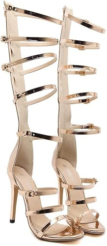 Damen Sommer Leder Sandalen Offene Zehe Gladiator Römische Stiefel Gold Riemchen High Heel Stiletto, Gold, EU35