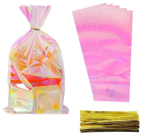 WACCOMT Pack 50 Unidades de Bolsas Transparente de Celofán para Golosinas con Grapas de Torcer, Bolsas de Plástico Transparente para Pan Horneado, para envoltorio de regalos de alimentos(10x25.5cm)