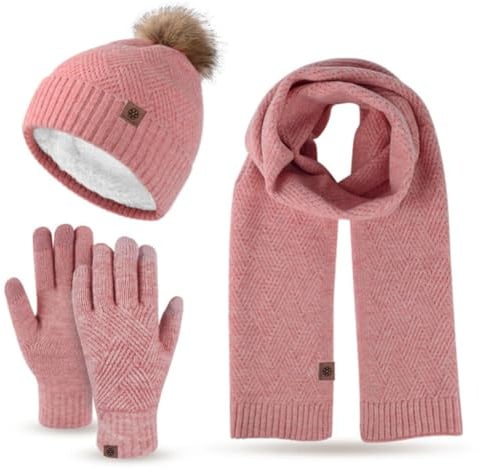 MAGIMODAC Winter Mütze Schal Touchscreen Handschuhe Set Damen Herren Innenfleece Strickmütze Fleece Gefütterte Beanie Winddicht Lang Winterschal mit Bommel Rosa