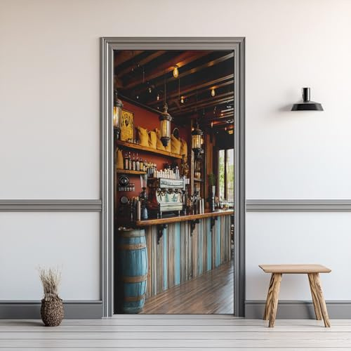 Türaufkleber 3D Kleine Bar, Selbstklebend Türposter Bar Counter Vintage, Türtapete Abnehmbare, Tür Aufkleber für Innentür Schlafzimmer Kinderzimmer 86 x 200 cm